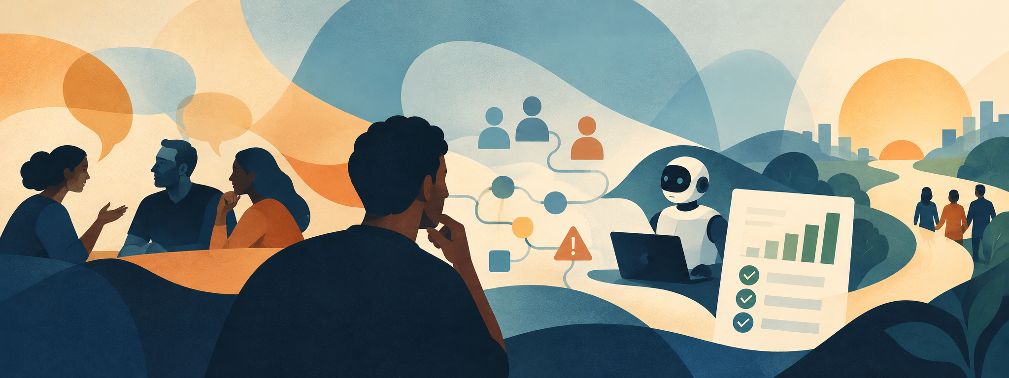 People discuss their needs while an engineer works with AI to design a workflow and evaluate its results.
